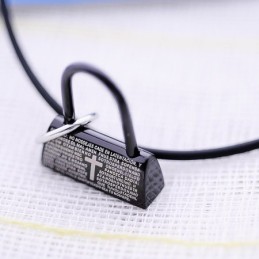 Collier Pendentif En Titane Avec Cadenas Noir Tendance, Verset Biblique Et Croix