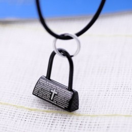 Collier Pendentif En Titane Avec Cadenas Noir Tendance, Verset Biblique Et Croix