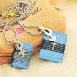 Collier Avec Pendentif En Forme De Cœur Pour Couple, Motif Bible Bleue Tendance
