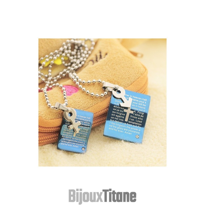 Collier Avec Pendentif En Forme De Cœur Pour Couple, Motif Bible Bleue Tendance Collier Avec Pendentif En Forme De Cœur Pour Couple, Motif Bible Bleue Tendance