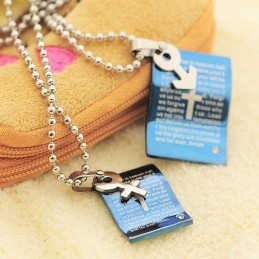 Collier Avec Pendentif En Forme De Cœur Pour Couple, Motif Bible Bleue Tendance