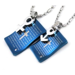 Collier Avec Pendentif En Forme De Cœur Pour Couple, Motif Bible Bleue Tendance