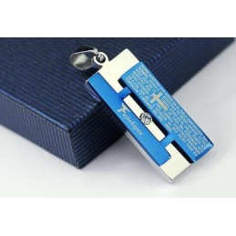 Pendentif Et Collier Rectangulaire Bible Croix Bleue Homme