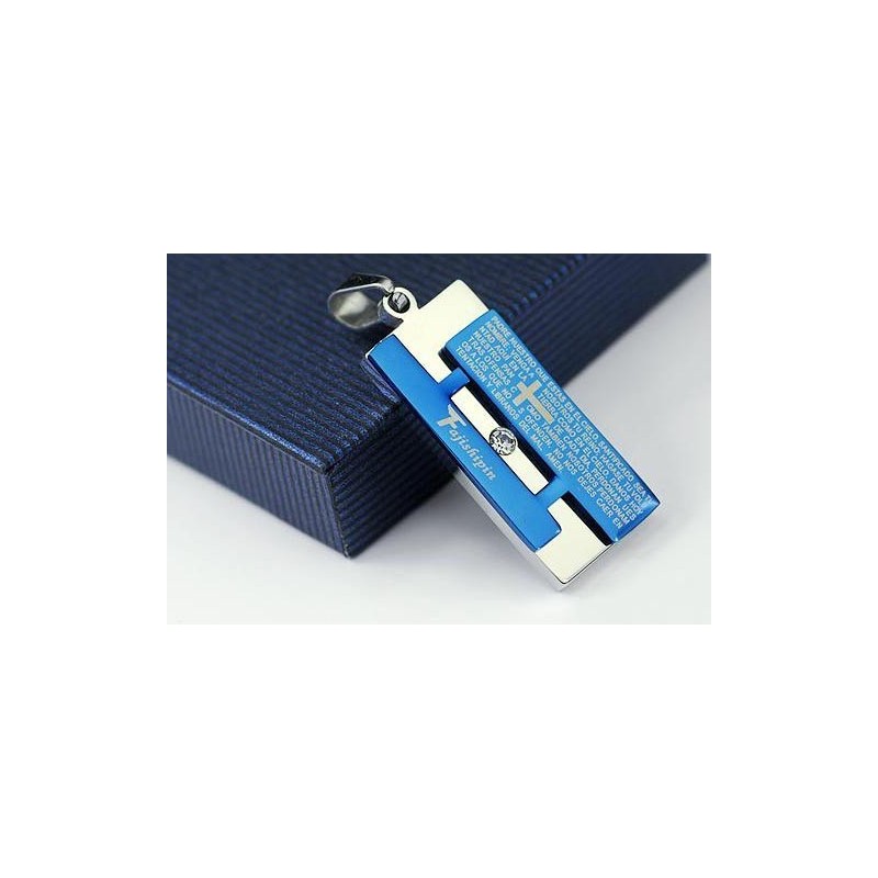 Pendentif Et Collier Rectangulaire Bible Croix Bleue Homme