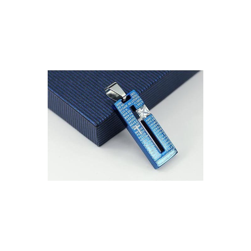 Collier Croix Biblique En Titane Bleu Et Pendentif Diamant