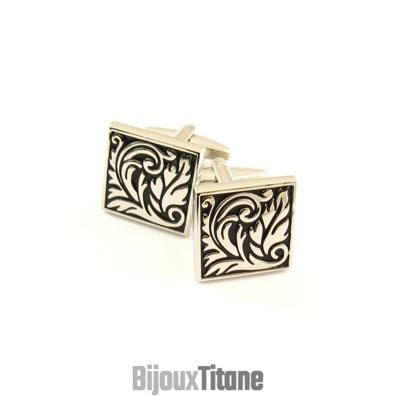 Boutons De Manchette Carrés En Forme De Feuille, Plaqués Titane Et Ip Noir