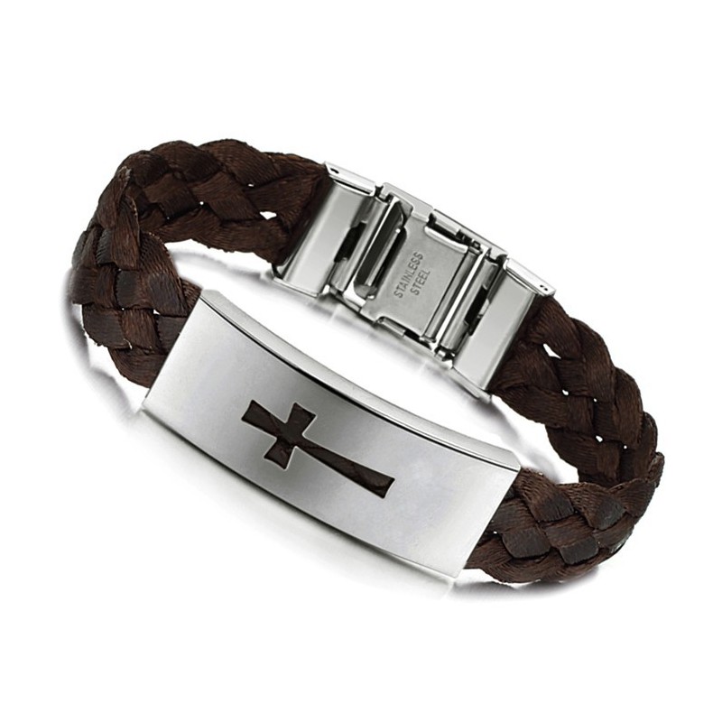 Bracelet Jonc En Cuir Titane Pour Homme, Croix De Qualité Stable Bracelet Jonc En Cuir Titane Pour Homme, Croix De Qualité Stable