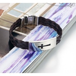Bracelet Jonc En Cuir Titane Pour Homme, Croix De Qualité Stable