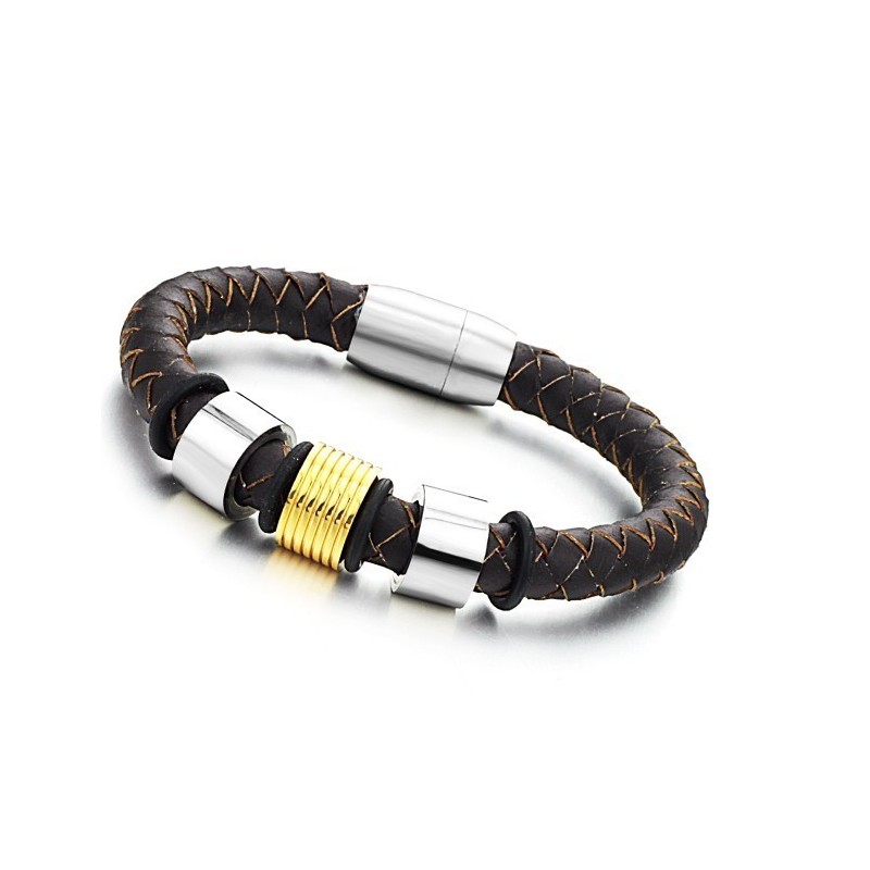 Bracelet Jonc En Cuir Titane Marron À Larges Variétés Bracelet Jonc En Cuir Titane Marron À Larges Variétés