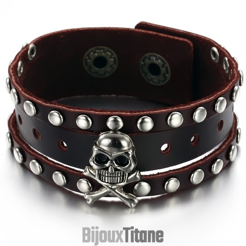 Bracelet En Cuir Titane Avec Tête De Mort Pour Homme, Qualité Et Quantité Garanties