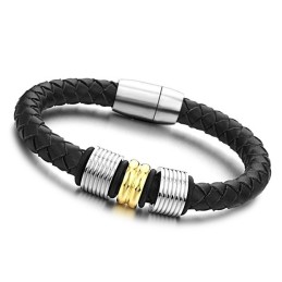 Bracelet Jonc En Cuir Titane Noir À Larges Variétés