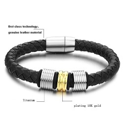 Bracelet Jonc En Cuir Titane Noir À Larges Variétés
