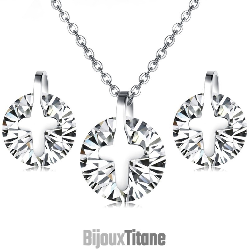 Collier Et Boucles D'Oreilles En Titane Avec Strass, La Reine De La Qualité Collier Et Boucles D'Oreilles En Titane Avec Strass, La Reine De La Qualité