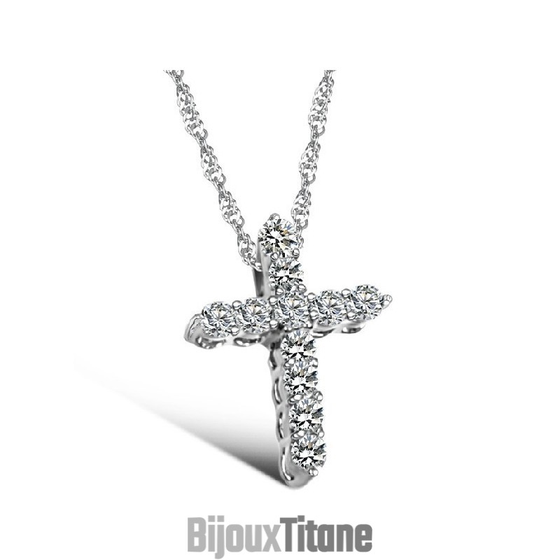 Collier En Titane Plaqué Platine Avec Croix Pour Femme, De Réputation Fiable, Avec Strass
