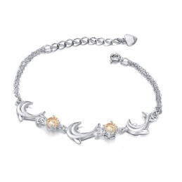 Bracelet En Titane Plaqué Platine En Forme De Dauphin Pour Femme De Haute Qualité Avec Diamant