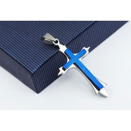 Pendentif Croix Élégant En Titane Bleu Pour Homme - Chaîne Offerte