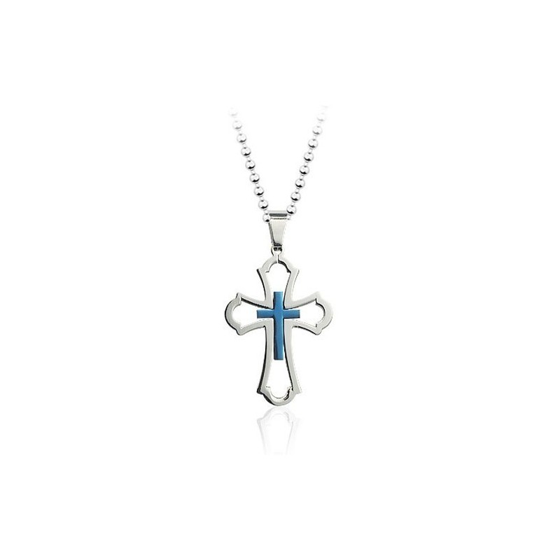 Joli Pendentif Croix Creuse En Titane Bleu Pour Homme - Chaîne Offerte