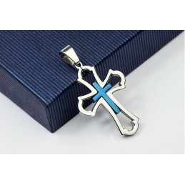 Joli Pendentif Croix Creuse En Titane Bleu Pour Homme - Chaîne Offerte