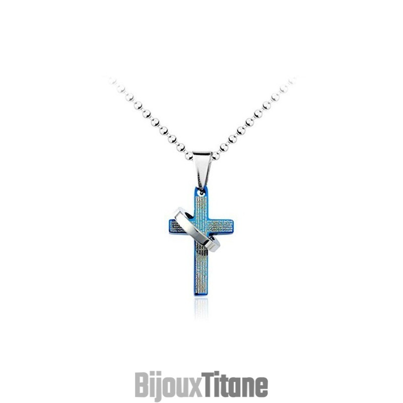 Pendentif Croix Bleue En Titane Pour Homme - Chaîne Offerte
