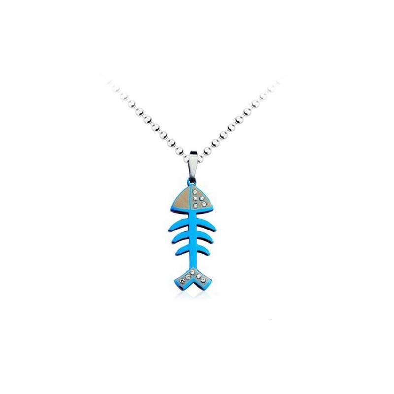 Joli Pendentif En Titane En Forme D'Arête De Poisson Bleu - Chaîne Offerte Joli Pendentif En Titane En Forme D'Arête De Poisson Bleu - Chaîne Offerte