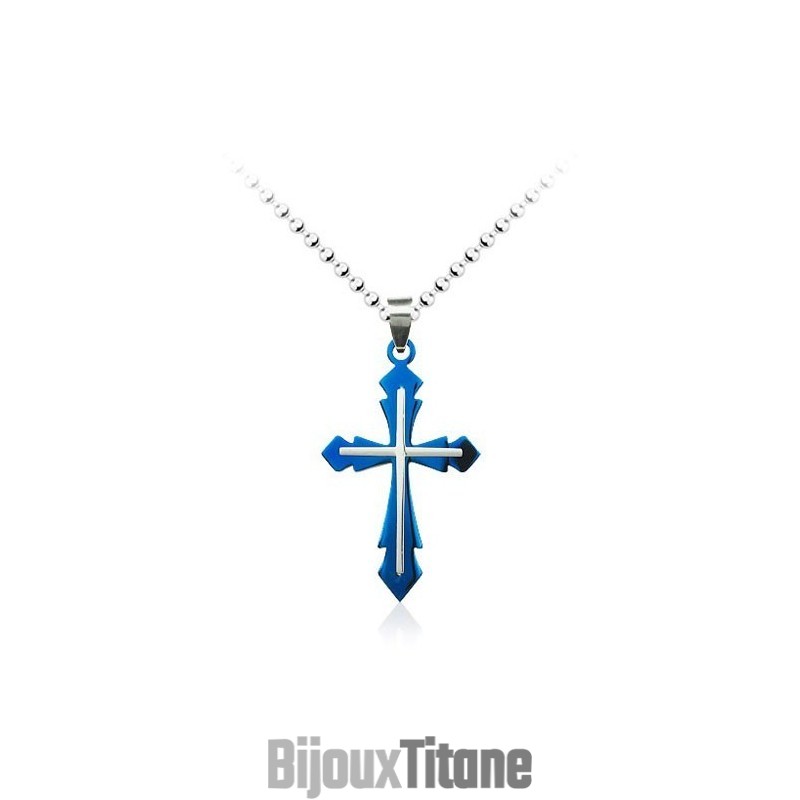 Pendentif Croix En Titane Bleu Tendance Pour Homme - Chaîne Offerte