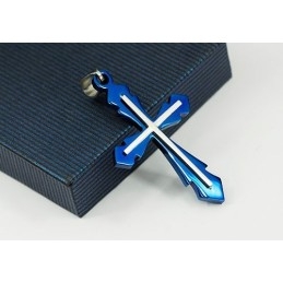 Pendentif Croix En Titane Bleu Tendance Pour Homme - Chaîne Offerte