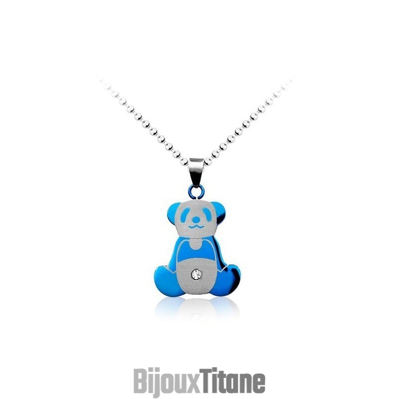 Pendentif Panda Bleu En Titane Pour Homme - Chaîne Offerte