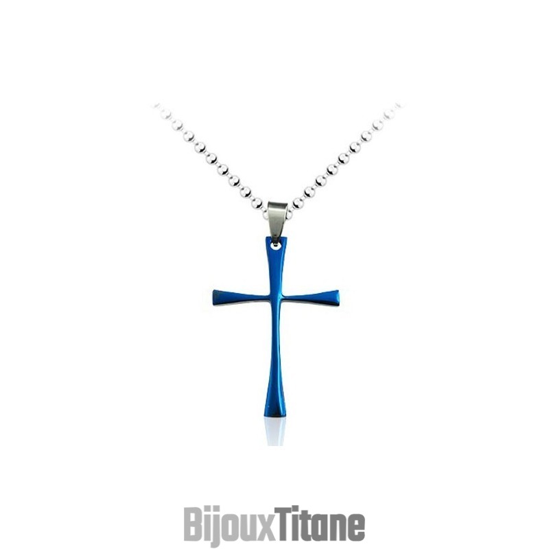 Pendentif Croix Simple En Titane Bleu Pour Homme - Chaîne Offerte