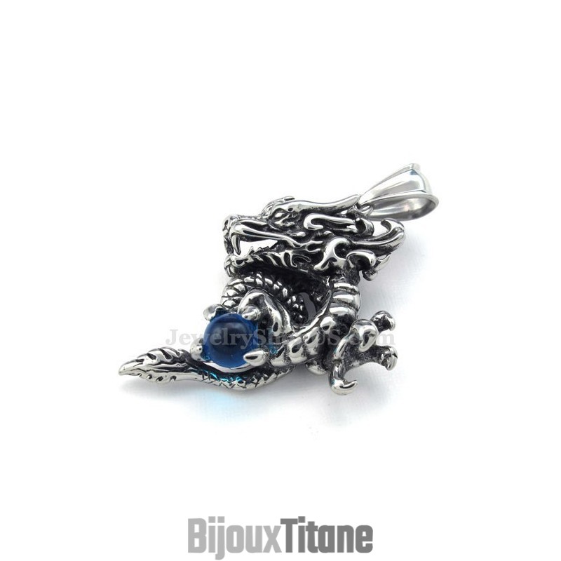 Collier Pendentif Dragon En Titane Et Zircon Bleu Exquis (Chaîne Offerte) Collier Pendentif Dragon En Titane Et Zircon Bleu Exquis (Chaîne Offerte)