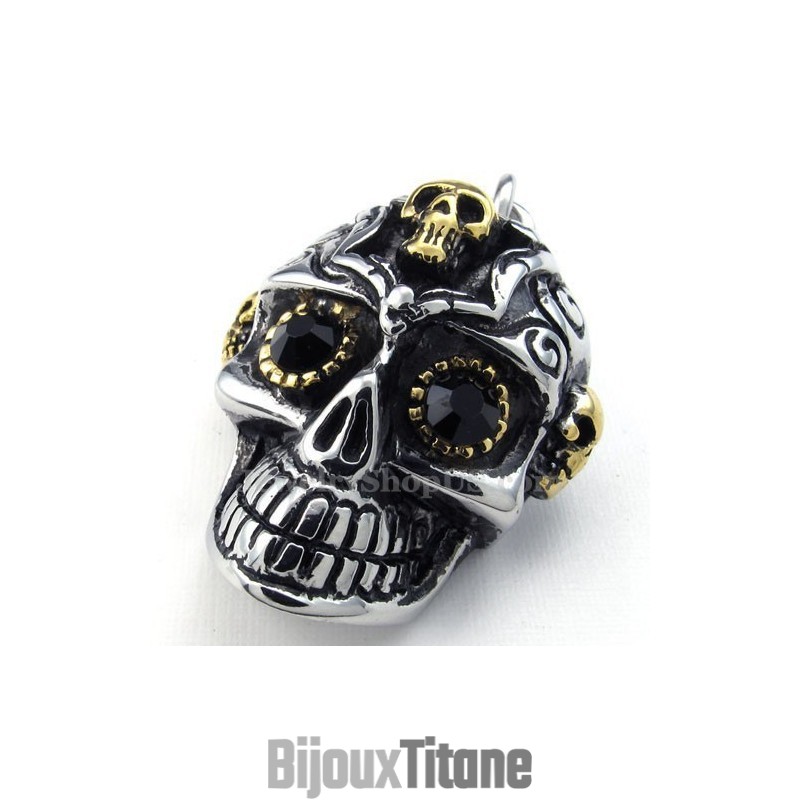 Collier Pendentif Tête De Mort En Titane Black Eyes (Chaîne Gratuite)