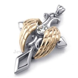 Collier Avec Pendentif Croix En Titane Et Ailes D'Ange En Or Rose (Chaîne Offerte)
