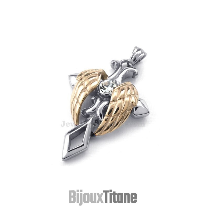 Collier Avec Pendentif Croix En Titane Et Ailes D'Ange En Or Rose (Chaîne Offerte)