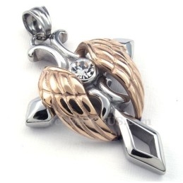 Collier Avec Pendentif Croix En Titane Et Ailes D'Ange En Or Rose (Chaîne Offerte)