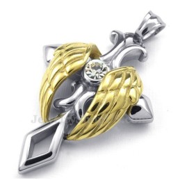 Collier Avec Pendentif Croix En Titane Et Ailes D'Ange Dorées (Chaîne Offerte)