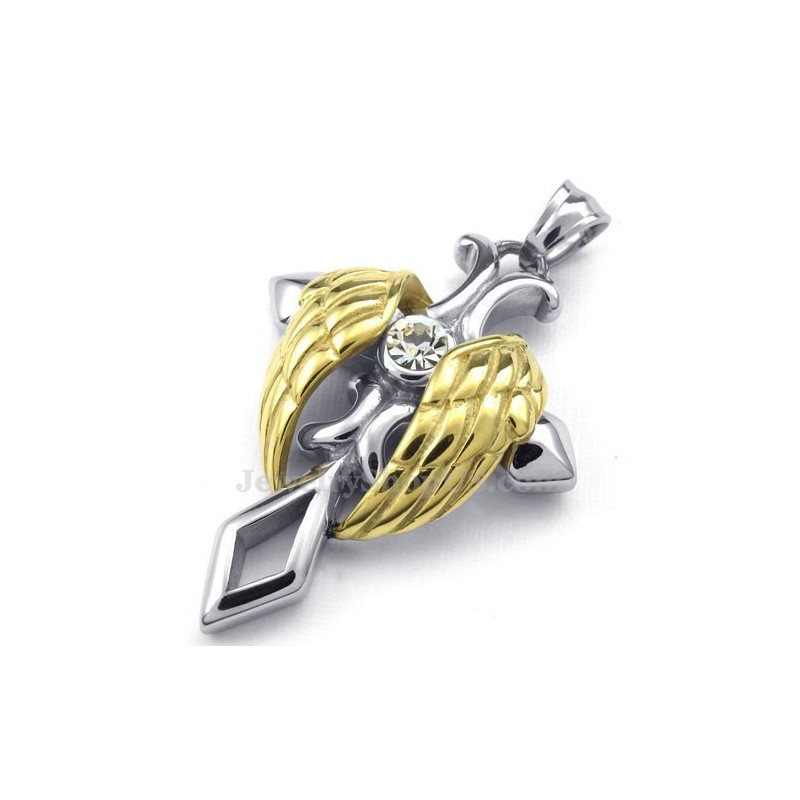 Collier Avec Pendentif Croix En Titane Et Ailes D'Ange Dorées (Chaîne Offerte)