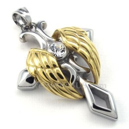 Collier Avec Pendentif Croix En Titane Et Ailes D'Ange Dorées (Chaîne Offerte)