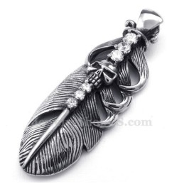 Collier Pendentif Plume En Titane Orné D'Un Crâne (Chaîne Offerte)