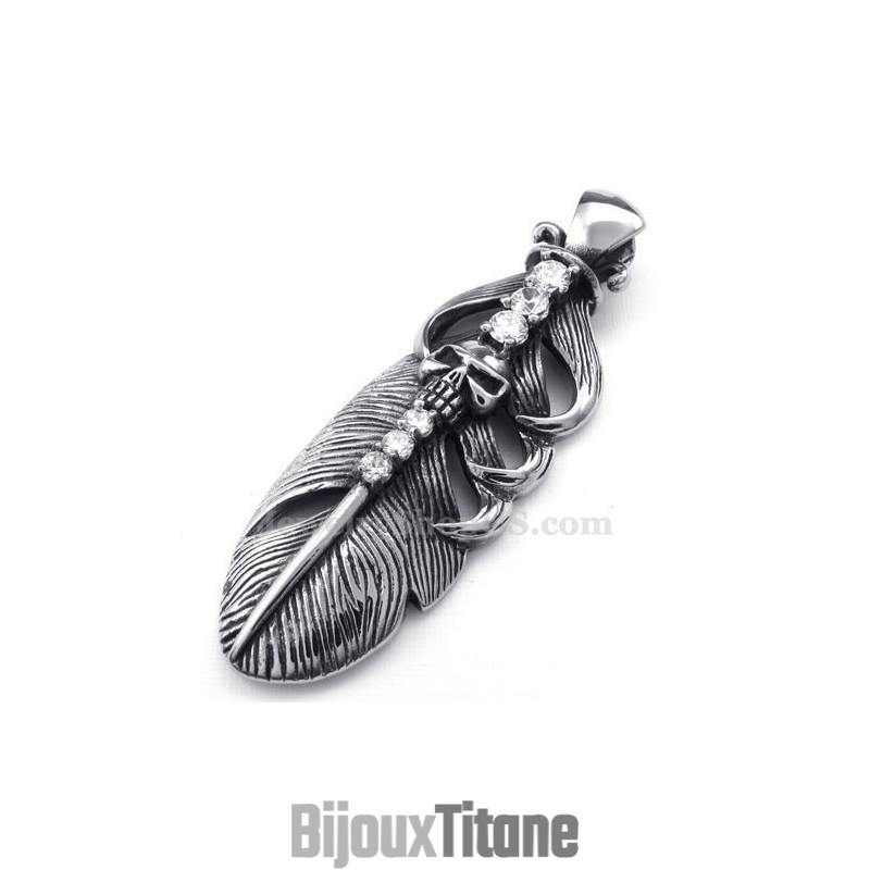 Collier Pendentif Plume En Titane Orné D'Un Crâne (Chaîne Offerte)