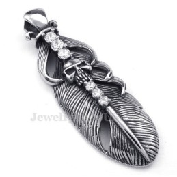 Collier Pendentif Plume En Titane Orné D'Un Crâne (Chaîne Offerte)