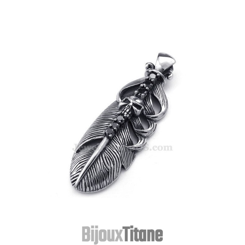Collier Pendentif Plume En Titane Orné D'Un Crâne (Chaîne Offerte) Collier Pendentif Plume En Titane Orné D'Un Crâne (Chaîne Offerte)