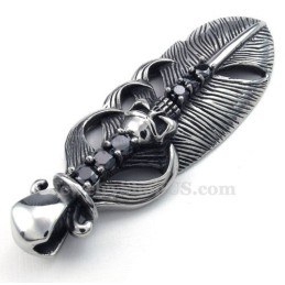 Collier Pendentif Plume En Titane Orné D'Un Crâne (Chaîne Offerte)