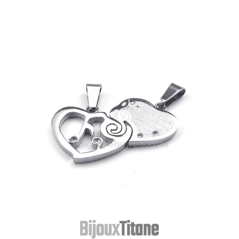 Collier Avec Pendentif Cœur En Argent Et Titane Pour Couple (Chaîne Offerte) (Une Paire)