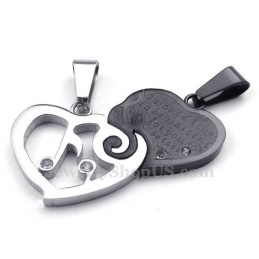 Collier Avec Pendentif Cœur En Titane Argenté Et Noir Pour Couple (Chaîne Offerte) (Une Paire)