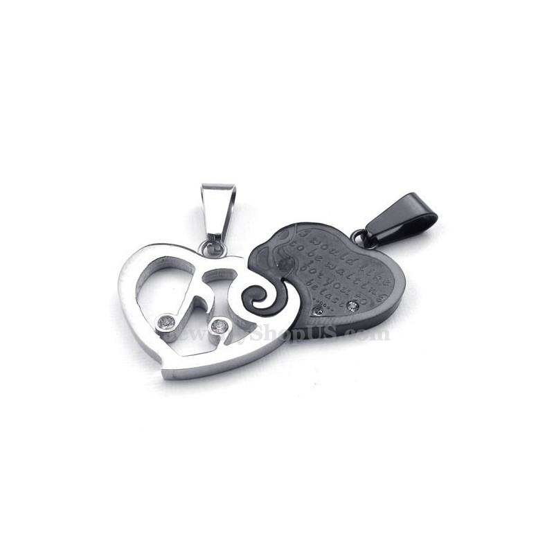 Collier Avec Pendentif Cœur En Titane Argenté Et Noir Pour Couple (Chaîne Offerte) (Une Paire)