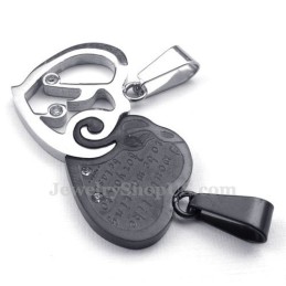 Collier Avec Pendentif Cœur En Titane Argenté Et Noir Pour Couple (Chaîne Offerte) (Une Paire)