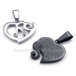 Collier Avec Pendentif Cœur En Titane Argenté Et Noir Pour Couple (Chaîne Offerte) (Une Paire)