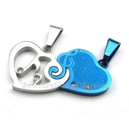 Collier Avec Pendentif Cœur En Titane Bleu Et Argent Pour Couple (Chaîne Offerte) (Une Paire)