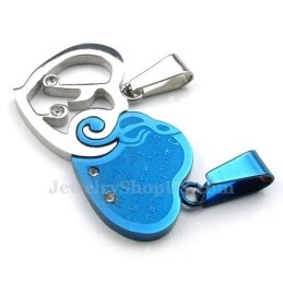 Collier Avec Pendentif Cœur En Titane Bleu Et Argent Pour Couple (Chaîne Offerte) (Une Paire)