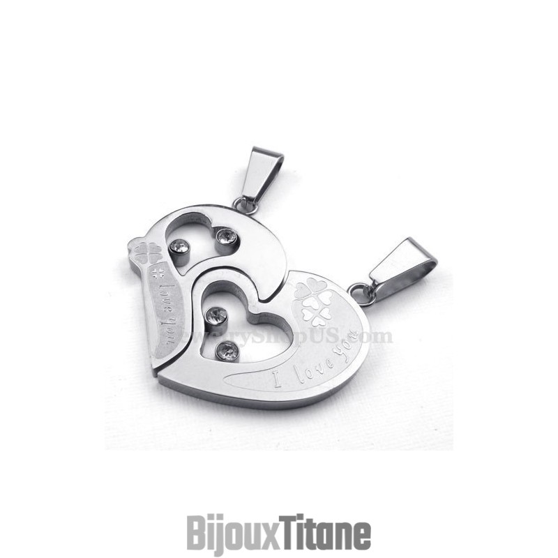 Collier Avec Pendentif Cœur En Titane Argenté Pour Couple (Chaîne Offerte) (Une Paire)
