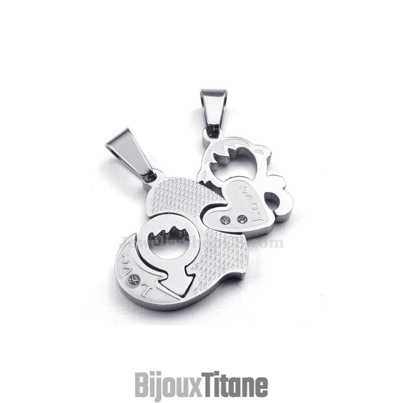 Collier Pendentif Couple Deux Cœurs En Titane (Chaîne Offerte) (Une Paire)